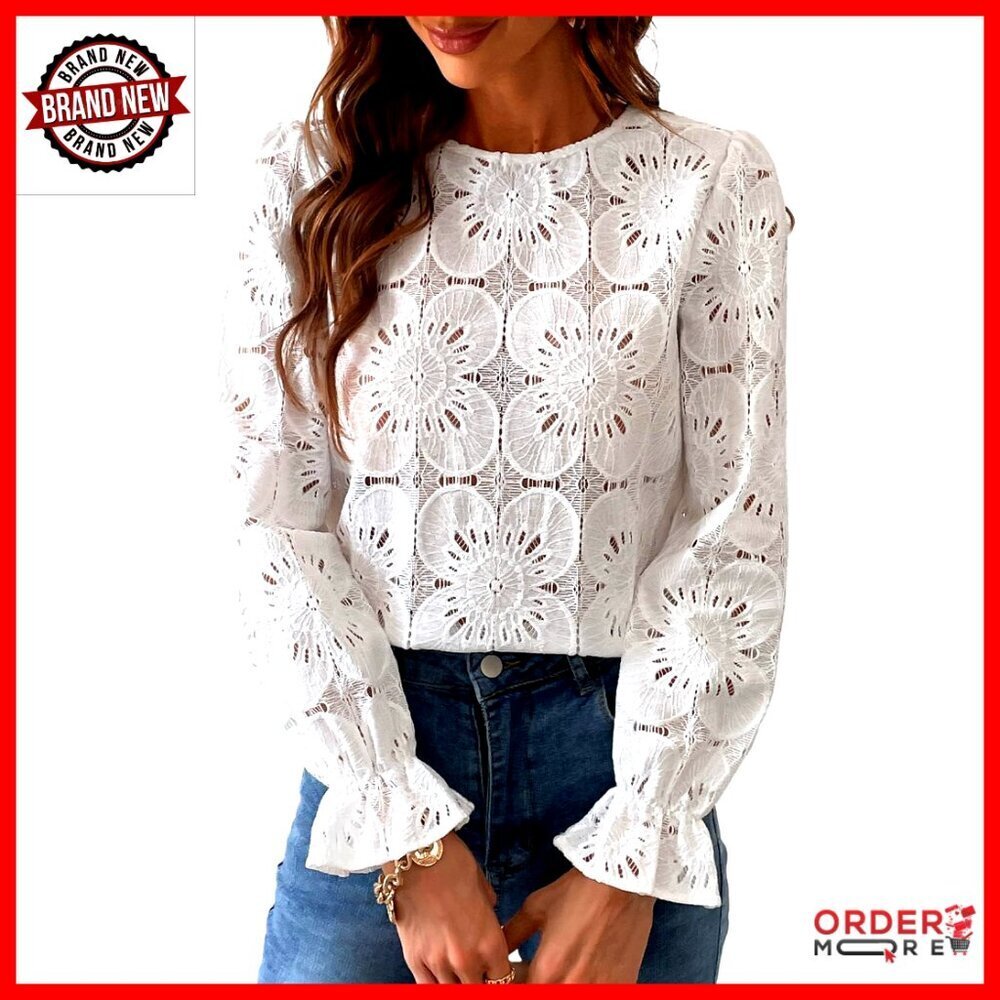 Long Sleeve Eyelet Lace Blouse, Loose Fit, Business Casual Top